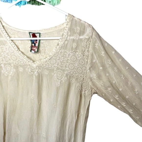 Johnny Was Boho Cream Ivory Lace Embroidered Eyelet Tunic 3/4 Sleeve Dress XS - Picture 5 of 15